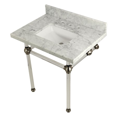 Kingston Brass 30" x 22" Carrara Marble Vanity Top with Clear Acrylic Console Legs, Carrara Marble/Brushed Nickel KVPB3030MASQ8